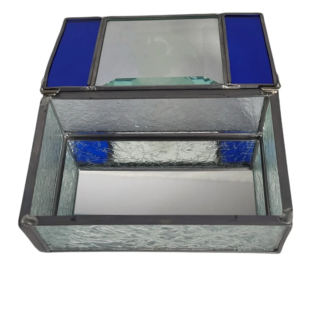 Vtg Trinket Jewelry Box Etched Iris Cobalt Blue Frosted Beveled Glass Mirrored